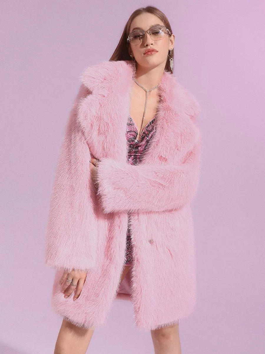 Faux Fur Coats Pink Long Sleeves Oversized Front Button Eco-friendly Fur Coat